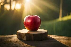 an apple sits on top of a wooden stump. AI-Generated photo