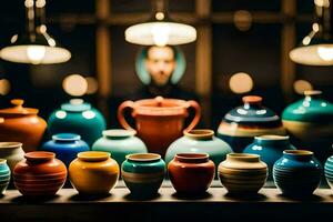 a man is looking at a collection of colorful vases. AI-Generated photo