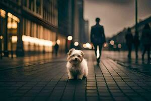 a small white dog is walking down a city street. AI-Generated photo