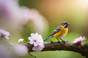 photo wallpaper bird, the sun, spring, flowers, tree, bird, spring, bird,. AI-Generated