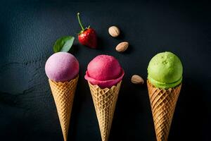 three ice cream cones with different colors on a black background. AI-Generated photo