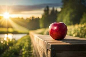 an apple sits on a wooden bench in front of a river. AI-Generated photo