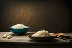 rice in a bowl and spoon on a wooden table. AI-Generated photo