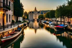 boats are docked in a canal at sunset. AI-Generated photo