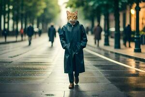 a cat wearing a mask walks down a street. AI-Generated photo