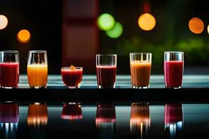 a row of glasses with different colored juices. AI-Generated photo