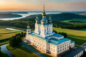 the russian orthodox church in the middle of a green field. AI-Generated photo