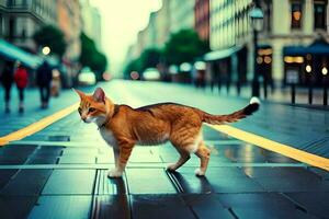 un gato caminando a través de un ciudad calle. generado por ai foto