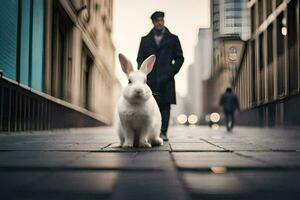 a white rabbit standing on a street in front of a man. AI-Generated photo