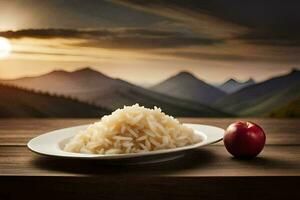 un plato de arroz y un manzana en un mesa en frente de un montaña. generado por ai foto