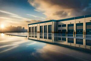 a large industrial building with a reflection of the sun. AI-Generated photo