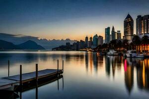 the city skyline is reflected in the water at dusk. AI-Generated photo