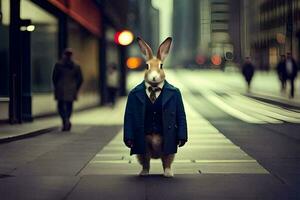 a rabbit dressed in a suit and tie standing on a street. AI-Generated photo