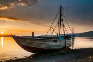 a boat sits on the shore at sunset. AI-Generated photo