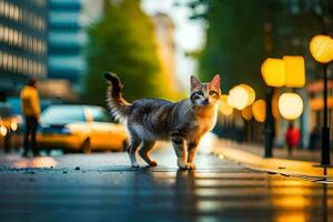 a cat walking on a city street at night. AI-Generated photo