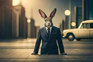 a rabbit in a suit and tie standing in the middle of a city street. AI-Generated photo