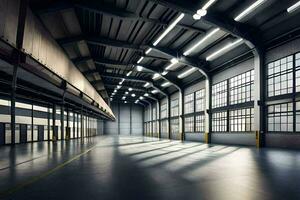 an empty warehouse with large windows and lots of light. AI-Generated photo