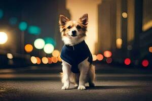 a dog wearing a vest in the city at night. AI-Generated photo