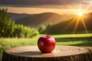 an apple sits on top of a stump in front of a sunset. AI-Generated photo