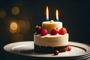 a small cake with two candles on it. AI-Generated photo
