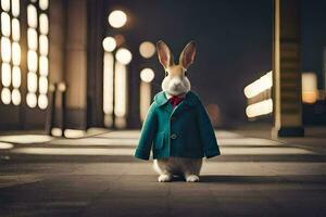 a rabbit wearing a green coat and red tie. AI-Generated photo
