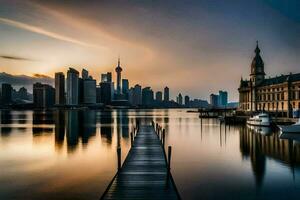 el ciudad horizonte es reflejado en el agua a puesta de sol. generado por ai foto