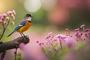 a bird is sitting on a branch in front of pink flowers. AI-Generated photo