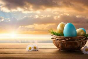 easter eggs in a basket on a wooden table. AI-Generated photo