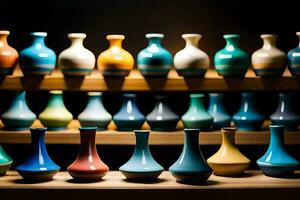 a row of colorful vases on a shelf. AI-Generated photo
