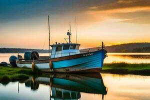 un barco se sienta en el apuntalar a puesta de sol. generado por ai foto