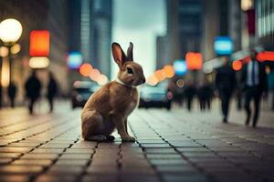 a rabbit sitting on the street in front of a busy city. AI-Generated photo