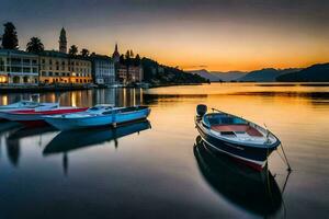 barcos atracado a el apuntalar de un lago a puesta de sol. generado por ai foto