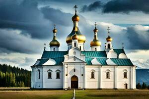 a white church with gold domes on top. AI-Generated photo