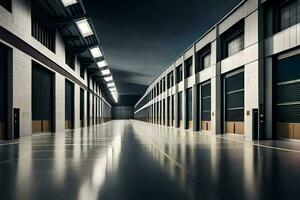 a long empty warehouse with doors and windows. AI-Generated photo