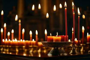 many candles are lit in a church. AI-Generated photo