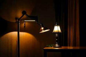 un lámpara y un mesa en el oscuro. generado por ai foto