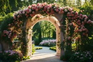a beautiful archway with pink flowers in the garden. AI-Generated photo