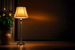 a lamp on a table in front of a wall. AI-Generated photo