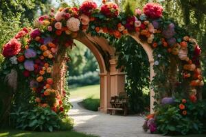 an archway with flowers in the middle of a park. AI-Generated photo