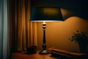 a lamp on a table in front of a window. AI-Generated photo