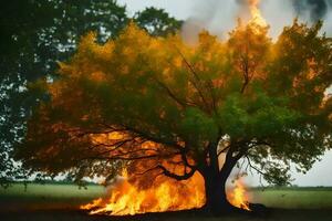 un ardiente árbol en el medio de un campo. generado por ai foto