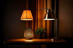 a lamp on a table next to a lampshade. AI-Generated photo