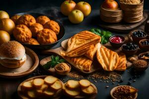 a variety of food items including bread, sandwiches, and other snacks. AI-Generated photo
