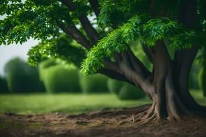 un árbol con verde hojas y suciedad en el suelo. generado por ai foto