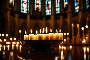 candles in a church with stained glass windows. AI-Generated photo