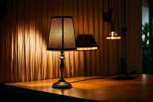 a table lamp is on a wooden table. AI-Generated photo