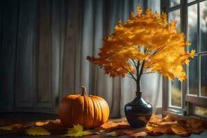 autumn leaves and a pumpkin on a table near a window. AI-Generated photo