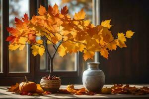 autumn leaves in a vase on a table. AI-Generated photo