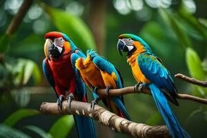 three colorful parrots sitting on a branch. AI-Generated photo