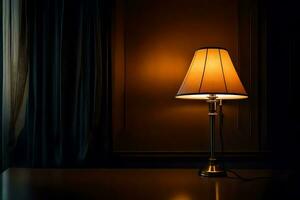 a lamp is sitting on a table in front of a dark wall. AI-Generated photo